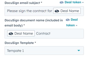 Screenshot of the HubSpot Workflow Send DocuSign Template Action Document & Email Configuration section